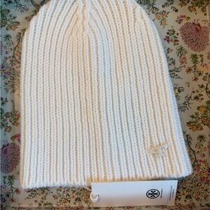 Tory Burch Ivory Ribbed Merino Hat glove set